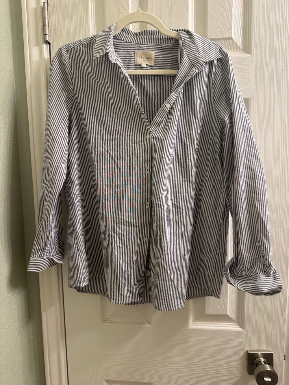 Sezane Striped Button-Down Shirt in Blue and White
